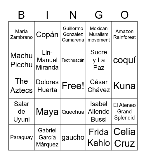Hispanic Heritage Month Bingo Card