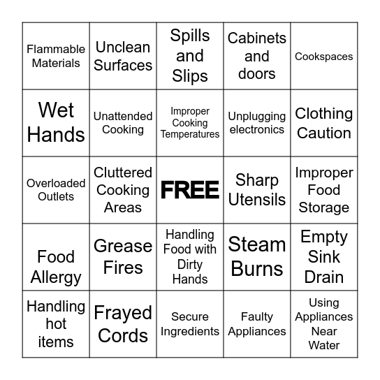 Kitchen Safety BINGO Card