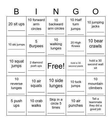 Fitness Bingo Card