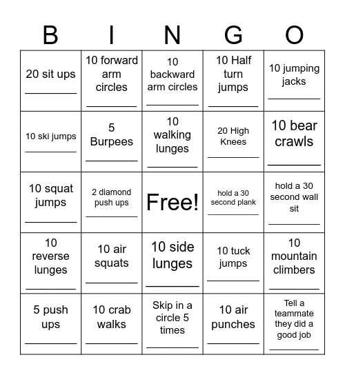 Fitness Bingo Card