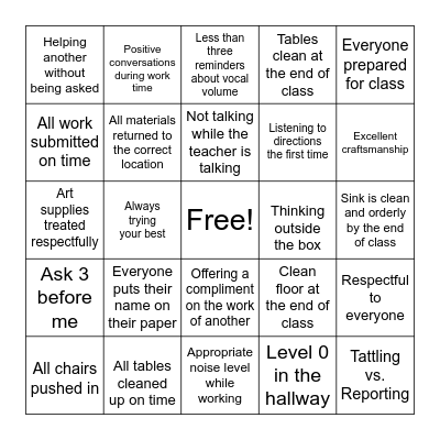 Art Room Rules BINGO Card