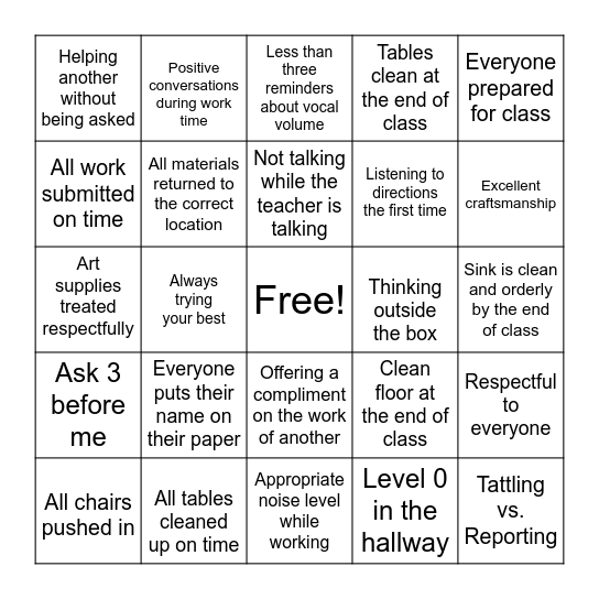Art Room Rules BINGO Card
