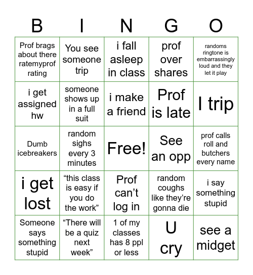 First day college Bingo Card