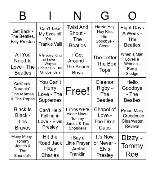 Top 100's of the 60's Bingo Card