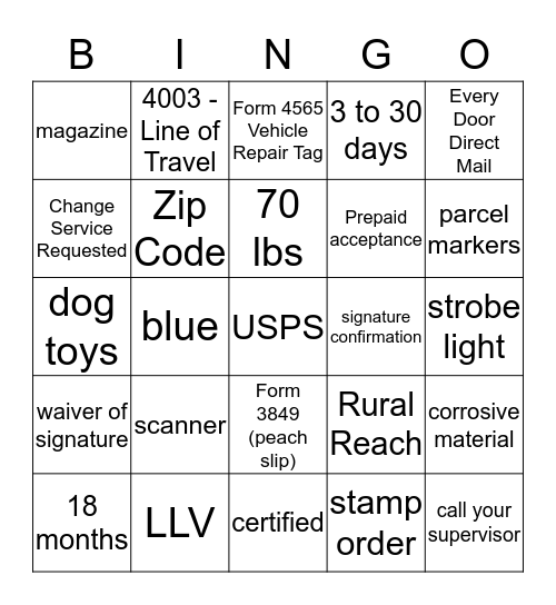 Postal Bingo Card