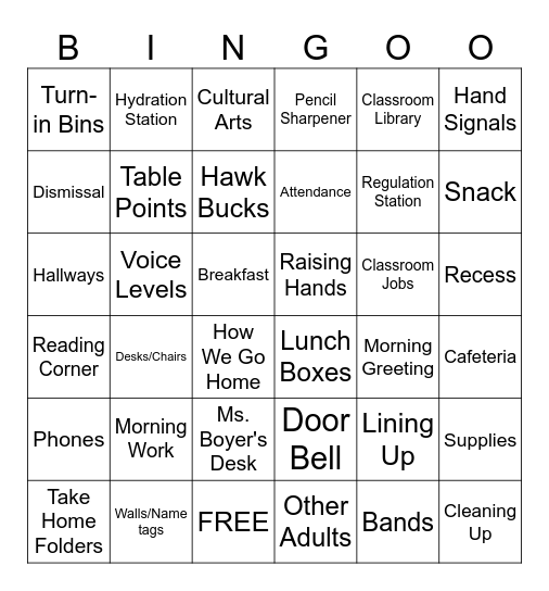 Classroom Procedures Bingo Card