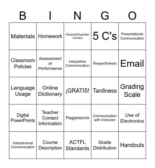Syllabus BINGO Card