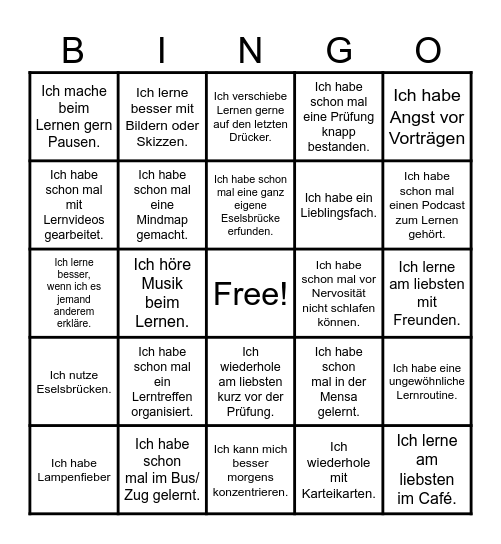 Thema Lernen Bingo Card