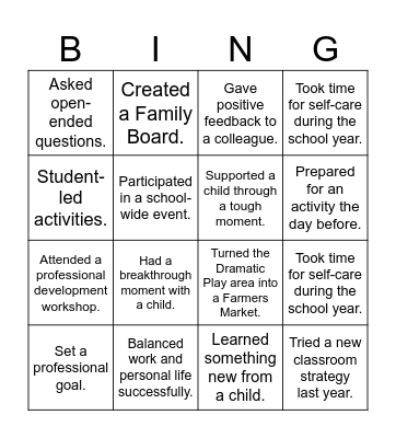 Relfection Bingo Card