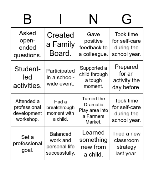 Relfection Bingo Card