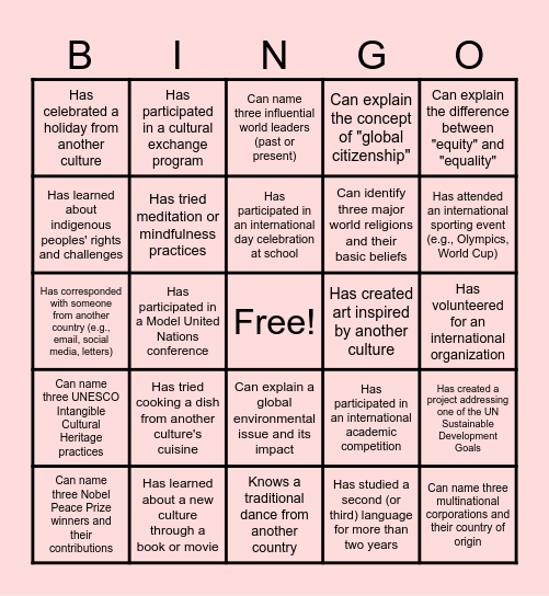 IB First Day Bingo Card