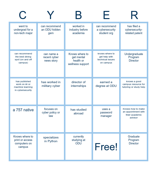Find the Cyber Faculty! Bingo Card
