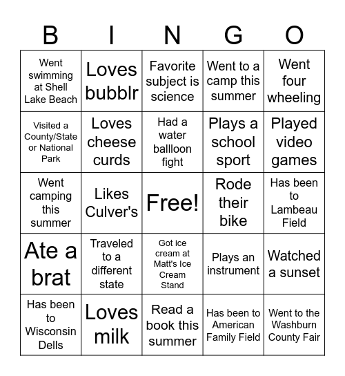 Wisconsin First Day of School Bingo Card