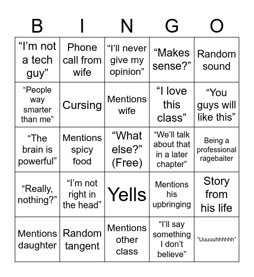 Mr. Lorton Bingo Card