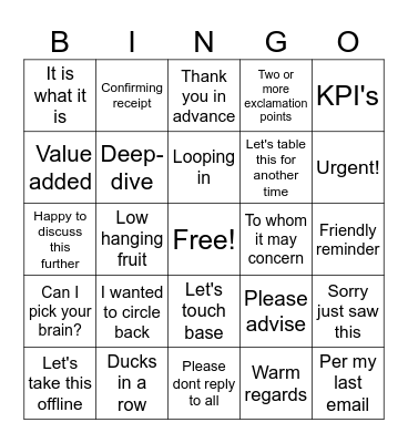 Work email bingo Card