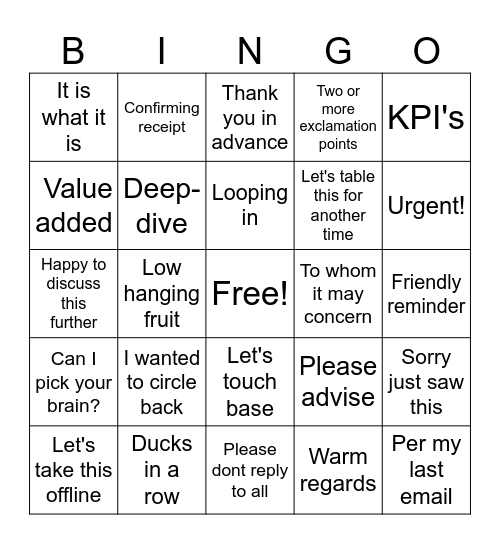 Work email bingo Card