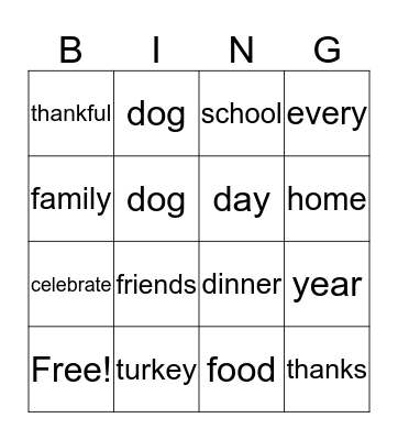 THANKSGIVING DINNER Bingo Card