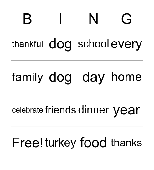 THANKSGIVING DINNER Bingo Card