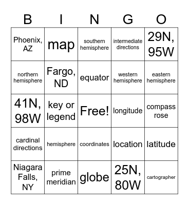 Maps and Latitude + Longitude Bingo Card