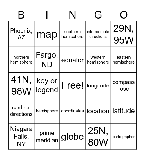 Maps and Latitude + Longitude Bingo Card
