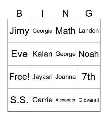 Names Bingo Card