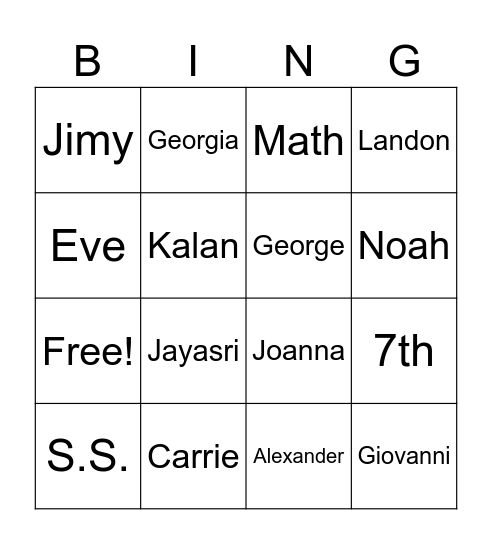 Names Bingo Card