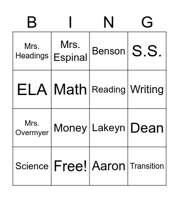 Names Bingo Card