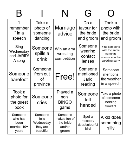 Wednesday and JARID! Wedding BINGO Card