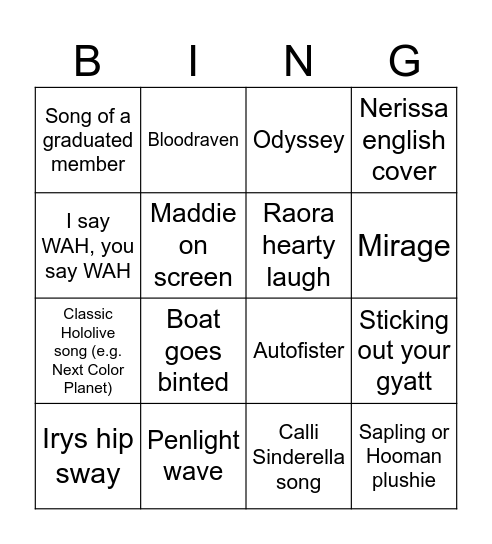 HoloEN All For One Bingo Card