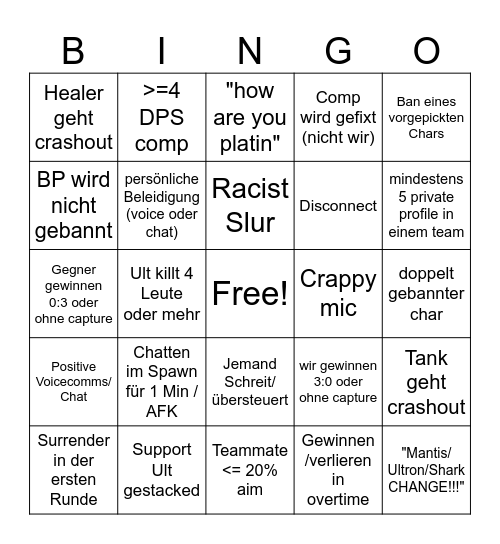 Rivals Bingo Card