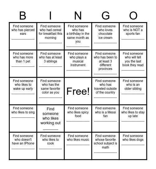 Find a Friend Bingo Card