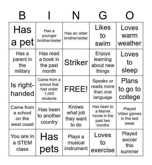 New Student Bingo Card