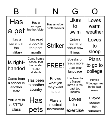 New Student Bingo Card