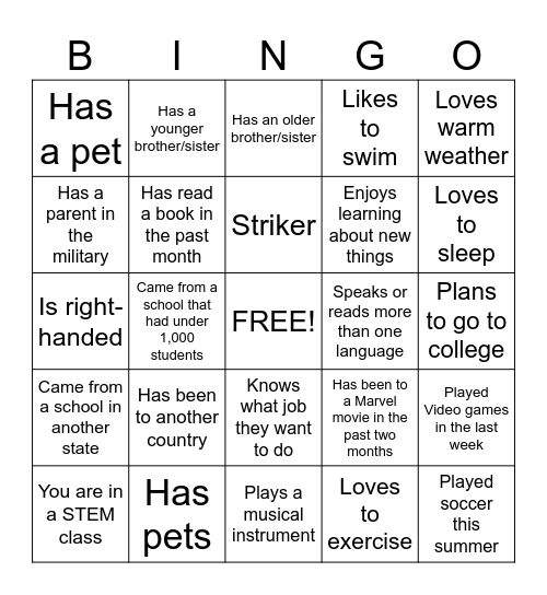 New Student Bingo Card