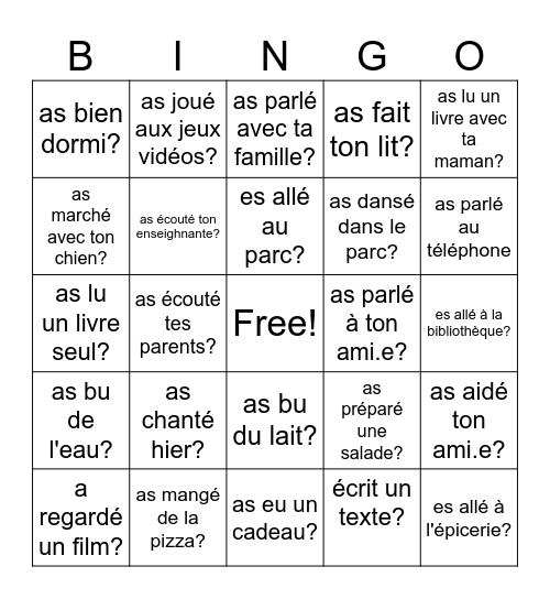 Hier (Samedi dernier, Ce matin) est-ce que tu... Bingo Card