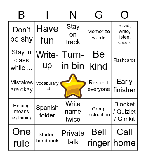 La clase de Español Bingo Card