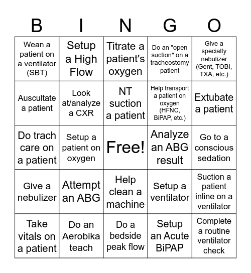 RT Student BINGO Card