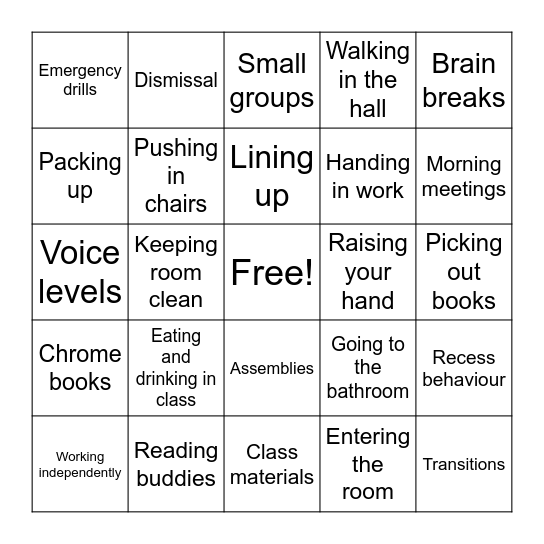 Routines and Procedures Bingo Card