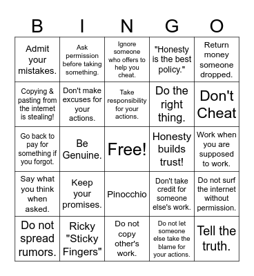 "Honesty is the best policy." - Benjamin Franklin Bingo Card