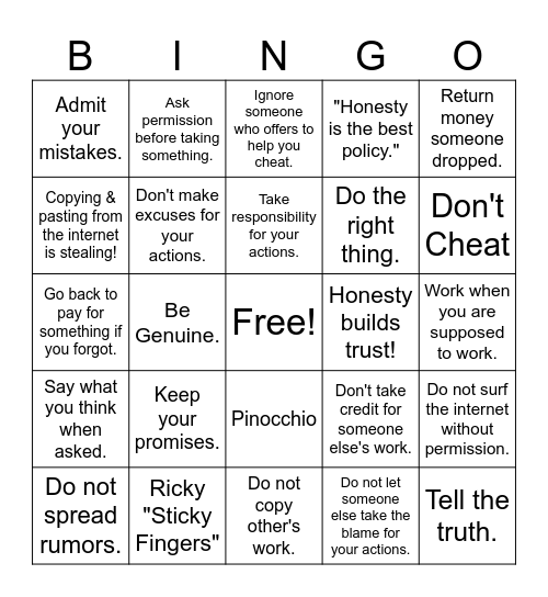 "Honesty is the best policy." - Benjamin Franklin Bingo Card