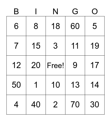 English Level 1 Bingo Card