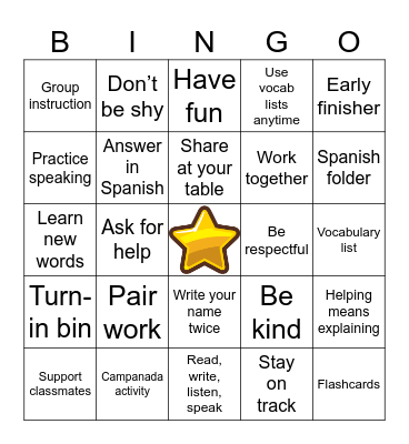 La clase de Español Bingo Card