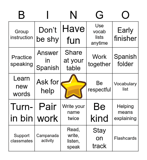 La clase de Español Bingo Card