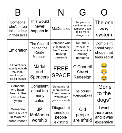 Complaints from the comment section of a Limerick business closing Bingo Card
