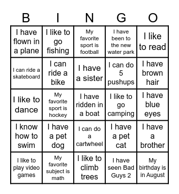 Exercise Bingo Card
