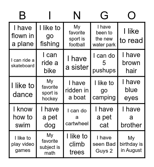 Exercise Bingo Card
