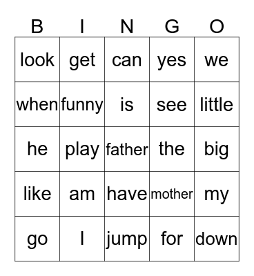 Sight Word Bingo Card
