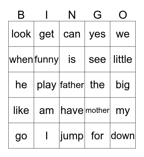 Sight Word Bingo Card