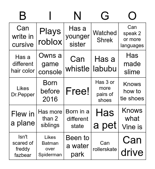 Afterschool Bingo Card