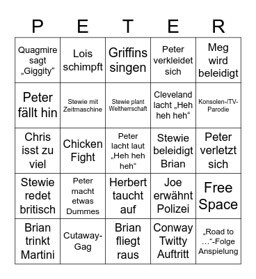 Family Guy Bingo Card